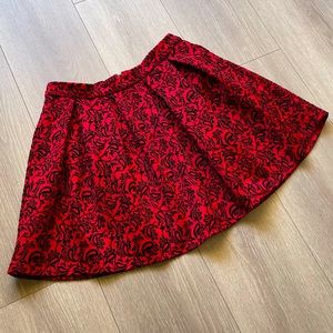 Red satin like skirt with velvety filigree jacquard pattern Sz Med